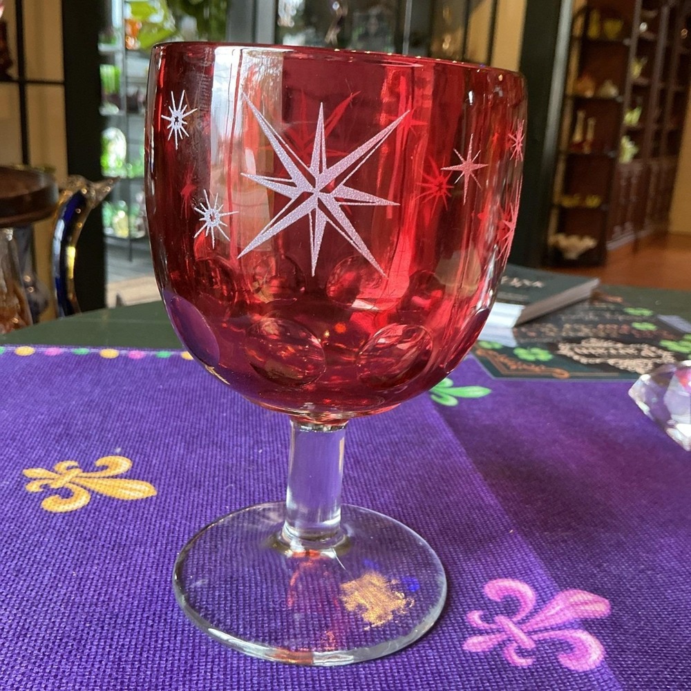 Vintage MCM Bartlett Collins Etched Atomic Starburst Red Thumbprint Glass Goblet